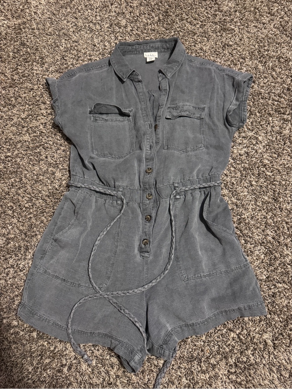 Nicole Miller Washed Gray Short Sleeve Romper with Drawstring Waist